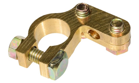 Metal car battery terminal clamp positive or negative, isolated  background. Automotive electrical spare part close-up for repair or service themes