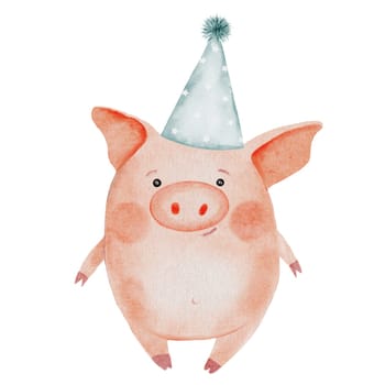 Little cute pig watercolor drawing. Hand drawn illustration of piglet in a party hat on white background. Clip art of cute farm animal character. Ideal for stickers, cards and baby educational cards. High quality photo