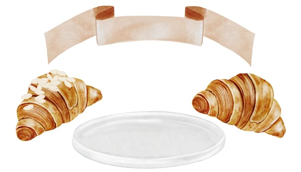 Croissant watercolor set. Hand drawn fresh french bun with a white plate with tape for writing. Food clip art. Ideal for bakery prints, postcards and pastry shop posters. High quality illustration