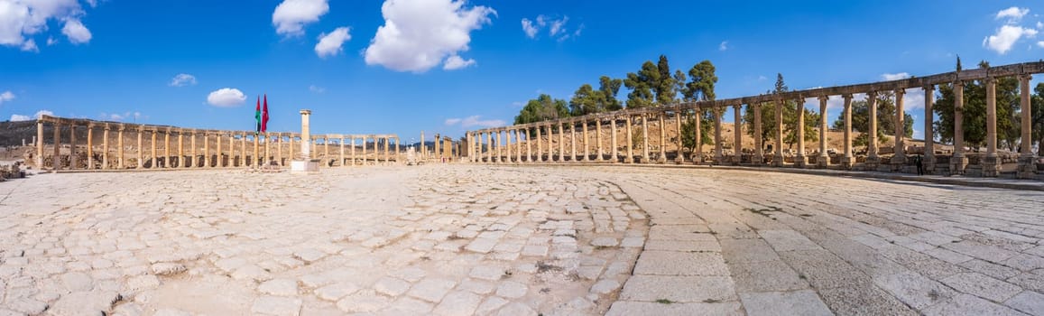 Wide panorama of the Oval Plaza is unique in its shape in Jerash, a Greco-Roman well preserved city in Jordan
