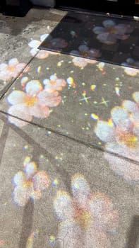 This image features stunning light and shadow interplay, showcasing floral patterns on a textured concrete surface. The refracted light adds a magical touch, ideal for creative projects.