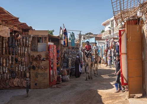 Aswan, Egypt - 5 November 2024: Traditional street market in Nubian Village with locals riding camels along the street