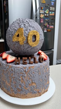 A stylish cake for a 40th birthday. It has grey textured frosting, golden numbers, chocolate letters that say HELLO, and fresh strawberries for a delightful finish. Perfect for the celebration.