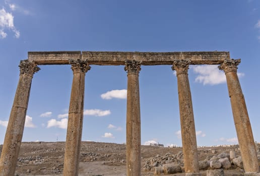 Columns line the Cardo Maximus or main street in Jerash, a Greco-Roman well preserved city in Jordan