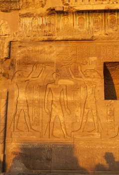 Details of the carvings on the walls of the Temples of Sobek and Horus at Kom Ombo at sunset