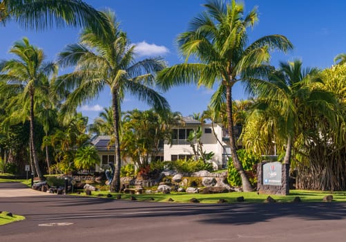 Princeville, Kauai - 4 February 2025: Entrance to Wyndham Bali Hai timeshare resort in Princeville