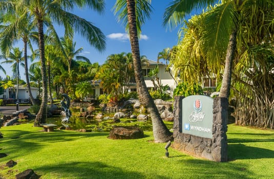Princeville, Kauai - 4 February 2025: Entrance to Wyndham Bali Hai timeshare resort in Princeville