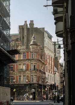 London, UK - May 13, 2025 - A scenery view of St.James tavern pub is Historic building at Shaftesbury avenue and Denman street in London. use it as your Wallpaper, Poster and Space for text, Selective focus.