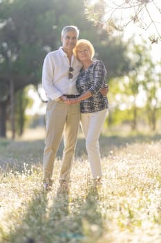 Elderly couple enjoying a romantic moment in nature, embracing and holding hands during golden hour