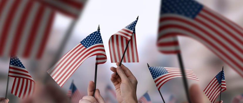 USA flags in their hands on a blurred urban background. The photo illustration was created without the use of artificial intelligence, only using Photoshop.