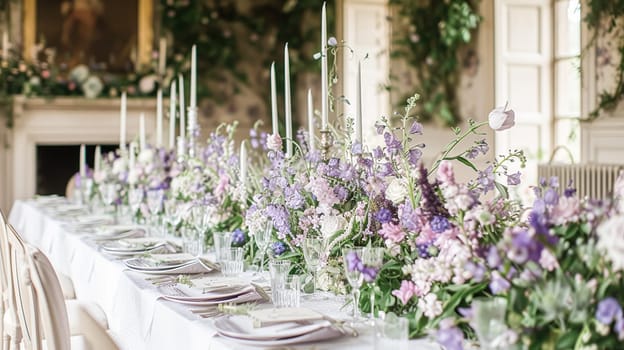 Elegant indoor wedding dining table with floral arrangements in shades of purple, lavender and pink, set in a grand room with mirrors and chandeliers.