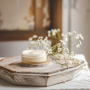 Cosmetic cream in a glass jar. Skin care concept. Background for beauty products