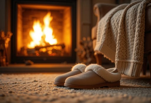 Cozy Scene with Slippers by a Warm Fireplace