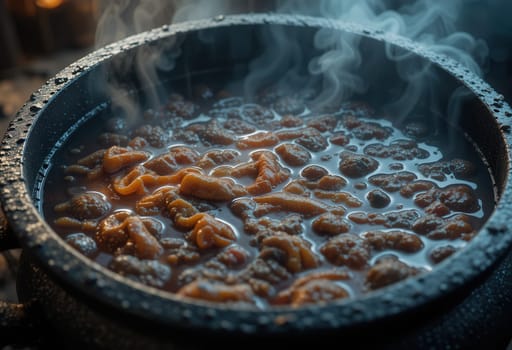 Close-Up of Bubbling Stew in a Dark Pot