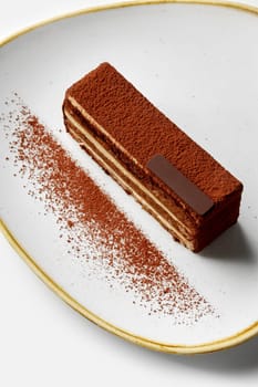 Freshly made tiramisu cake presented on a white plate, dusted with cocoa powder, creating an enticing visual for dessert lovers