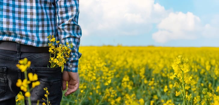 farmer in mustard field. Selective focus. nature.