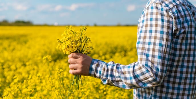 farmer in mustard field. Selective focus. nature.