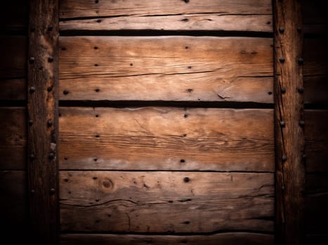 Weathered wooden planks lined with rustic nails showcase a warm texture, enhancing the ambiance of the dimly lit environment. Vintage texture background. Generative AI.