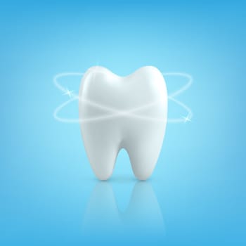 Vector 3d Realistic Tooth. Dental Inspection Banner, Plackard. Tooth Icon Closeup on Blue Background. Medical, Dentist Design Template. Dental Health Concept.