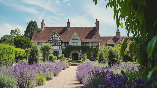 A picturesque stone manor house nestled amidst vibrant lavender garden in the English countryside.