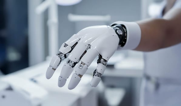 A robotics engineer carefully adjusts and calibrates a robotic prosthetic hand, highlighting the integration of modern technology in medicine and biomechatronics.