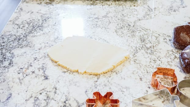 Using an adjustable rolling pin to roll out gingerbread cookie dough on the elegant marble counter in a modern kitchen, getting ready for festive holiday baking.