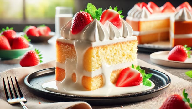 Two photorealistic images of a moist tres leches cake slice, topped with whipped cream, a fresh strawberry slice, and a mint leaf. The cake is soaked in milk, with some of the liquid pooling at the bottom. The soft natural lighting emphasizes the textures of the creamy topping and the spongy, golden cake. The background features additional slices of cake and green napkins, adding to the visual appeal.