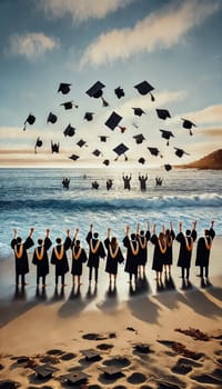 Graduates toss their black caps into the air on a sandy beach, with the ocean's waves and horizon in the background. Their gowns billow gently in the breeze, creating a peaceful yet triumphant scene of celebration.