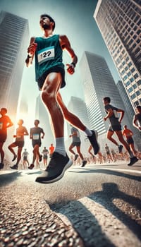 A dramatic low-angle shot of marathon runners in motion, framed by towering city buildings. Their powerful strides are highlighted as sunlight filters through the skyscrapers, casting long shadows on the pavement. The runners' focus and determination are emphasized against the urban backdrop, creating a dynamic and intense scene.