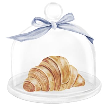 Croissant and cloche watercolor illustration. Hand drawn fresh french bun in a glass dome with a bow. Food clip art. Ideal for bakery prints, postcards and pastry shop posters. High quality illustration