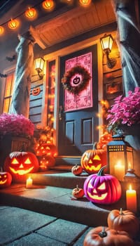 A cozy Halloween porch is illuminated by flickering lanterns, with glowing jack-o'-lanterns and vibrant pink pumpkins. The front door is adorned with cobwebs and a spooky wreath, creating a magical contrast between traditional and whimsical decor.