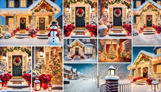 Multiple cozy suburban porches adorned with Christmas wreaths, glowing garlands, and poinsettias. Snow covers the steps and yards, while holiday lights illuminate the scene, creating a warm and inviting festive atmosphere.