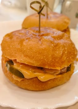 Close-up of a homemade hamburger, quick and delicious.