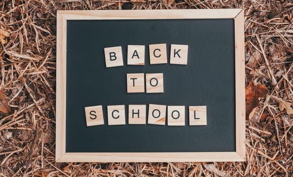 Blackboard with the word back to school written on it. The letters are made of wooden blocks
