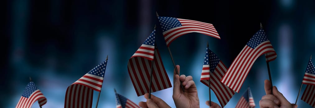 USA flags in their hands on a blurred urban background. The photo illustration was created without the use of artificial intelligence, only using Photoshop.