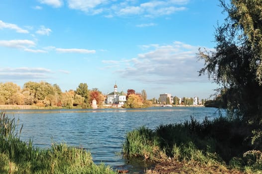 Body of water with a green tree in the background. The water is calm and clear. There are some buildings in the distance
