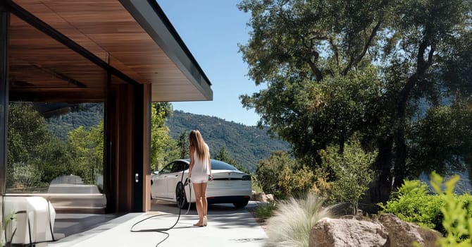 A woman charges her electric car at a modern, eco friendly home nestled in nature, highlighting the fusion of sustainable living and contemporary lifestyle.
