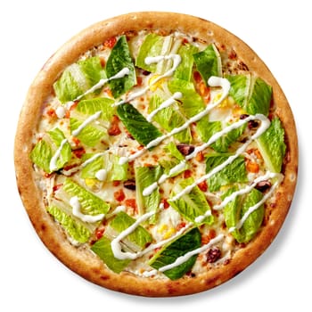 Freshly baked caesar salad pizza featuring romaine lettuce, creamy dressing, and savory toppings, creating a unique culinary experience