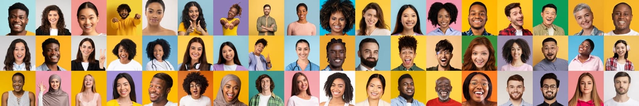 A vibrant collage of diverse individuals displaying lively expressions. This collection highlights a range of skin tones and styles, emphasizing the beauty of diversity and shared joy.