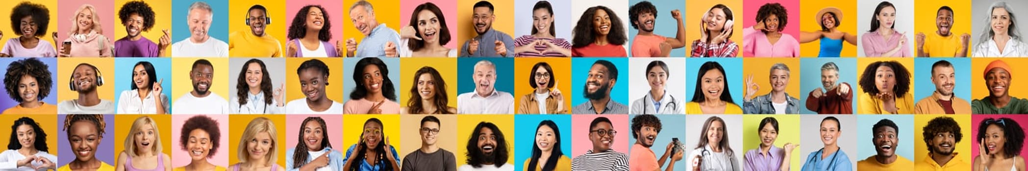 This lively collage showcases portraits of multiracial individuals smiling and expressing joy against colorful backgrounds. Each person radiates positivity, reflecting a celebration of diversity.