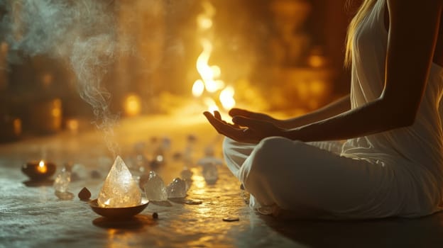 Person meditating with crystals and incenses