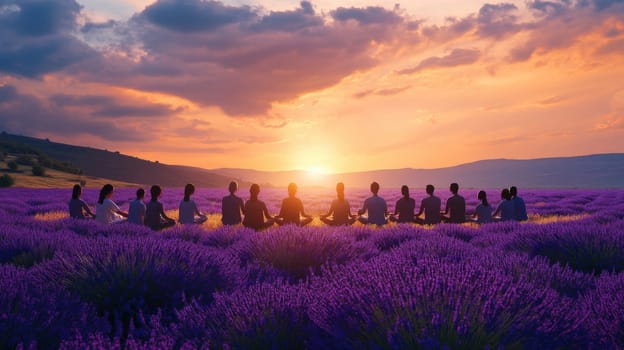 Group meditation circle in a lavender fields