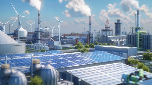 Depiction of an industrial facility powered entirely by renewable energy sources