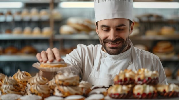 baker proudly showing how she is decorating pastry