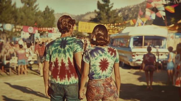 Vintage 1960s scene with people in classic tie-dye shirts