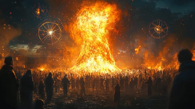 Eclectic crowd around a massive bonfire, some fire spinning
