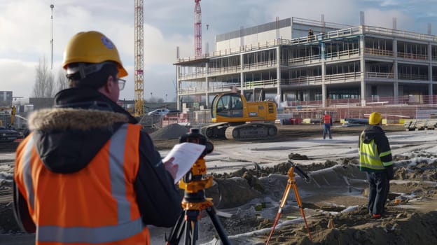 Workers at a construction site, wearing hard hats and safety vests