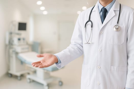 AI generated image of a doctor in medical uniform standing at the edge of the frame gesturing to invite into a hospital examination room.
