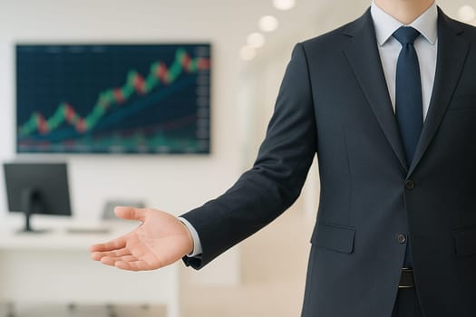 AI generated image of a professional financial advisor in formal suit gesturing to welcome clients into a modern trading room featuring multiple stock market screens displaying real-time data.