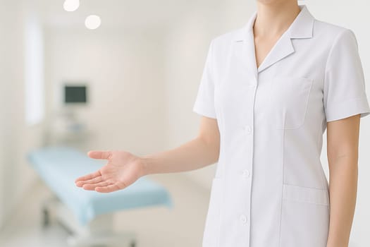 AI generated image of a nurse in uniform standing at the edge of the frame gesturing to welcome a patient into a clean hospital examination room.